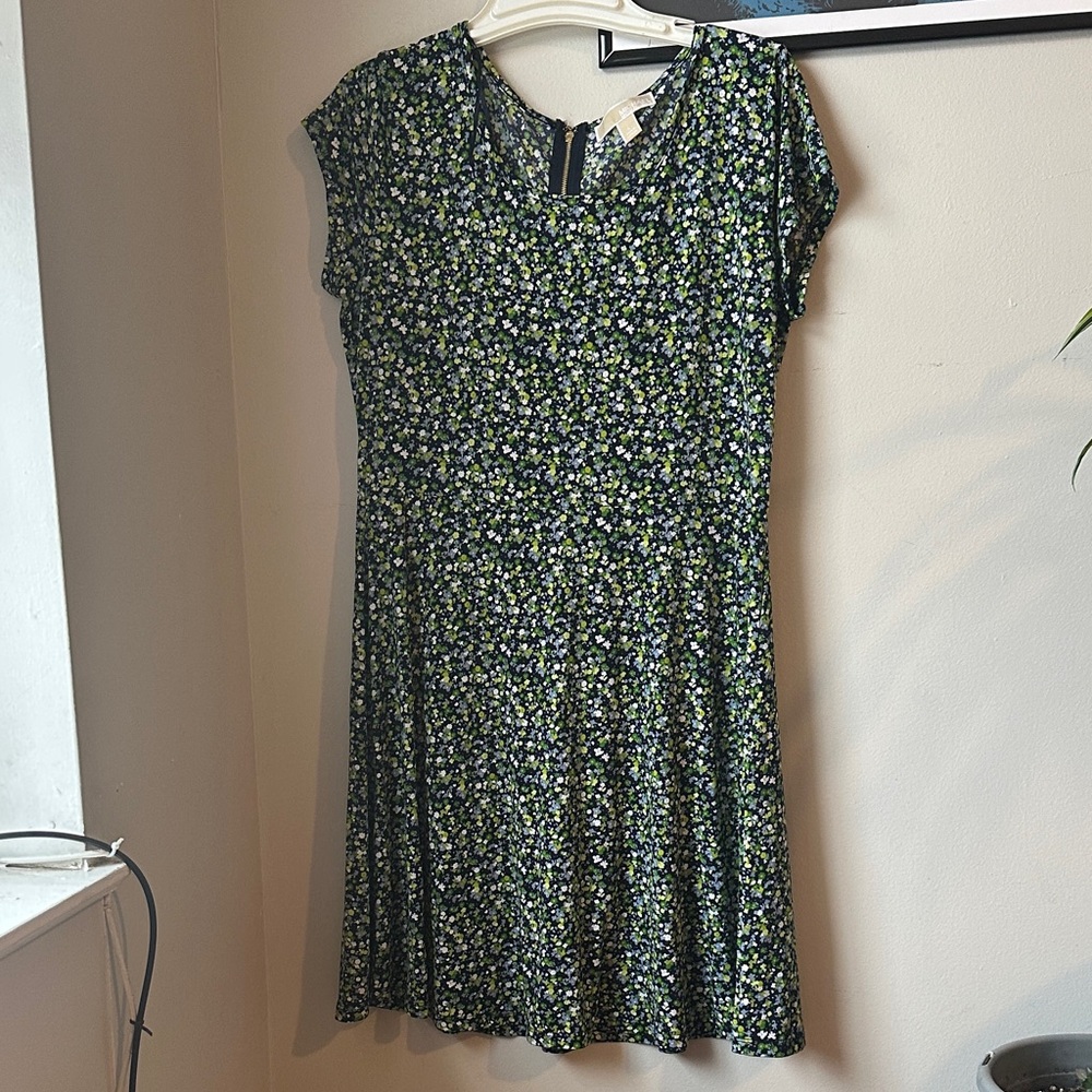 Michael Kors Black and Green Floral Midi Dress